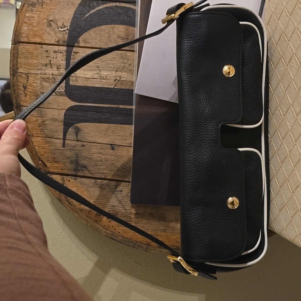 DKNY East West Leather Shoulder Bag Black with White Piping/Gold Accents